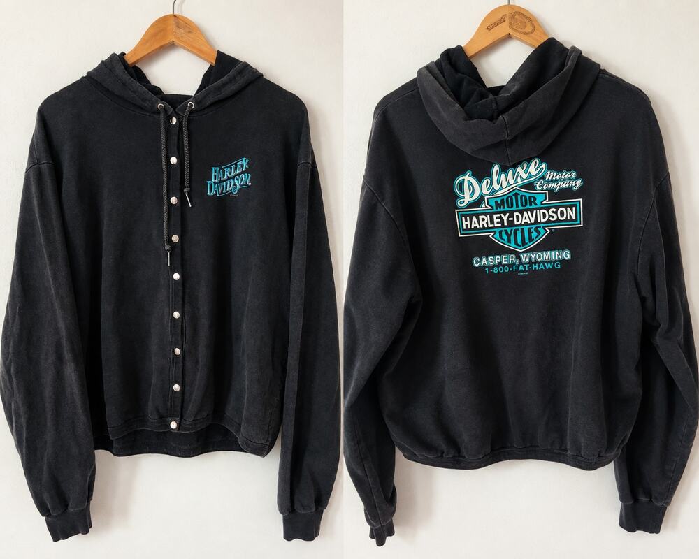 Vintage Harley Davidson Casper WY Snap Hoodie Black Turquoise Graphic XL